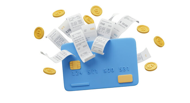 Blue credit card overflowing with receipts surrounded by floating gold coins isolated on transparent background