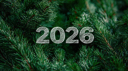The year 2026 is displayed in a stylized font against a backdrop of lush green pine needles. The scene conveys a sense of nature and time.