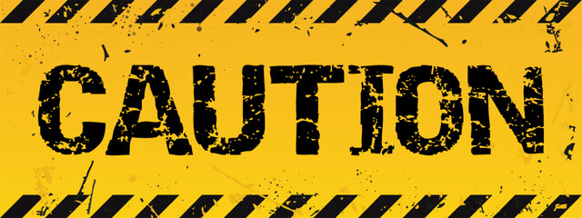 Yellow caution sign board in grunge style with black lines. Realistic warning signboard, attention banner template, road shield. Vector illustration with grain, old texture, stain and scratch.
