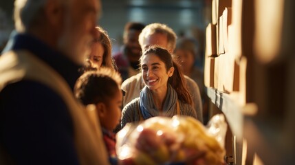 Hunger Action Month. photograph of volunteers distributing fresh food packages to diverse families at a community center, warm golden hour lighting
