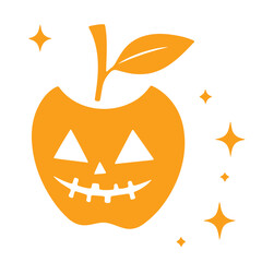 Orange apple jack o lantern with a stem and leaf and stars around it on a white background design