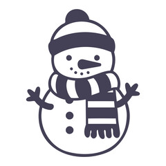 Illustration of a simple snowman with a striped hat and scarf on a white background in a cartoon style