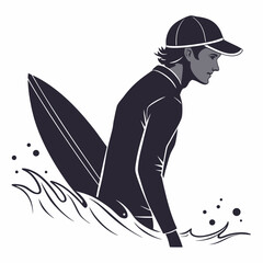 Stylized illustration of a surfer in a wetsuit and cap with surfboard in the water