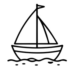 Simple line drawing of a sailboat with two sails and a flag sailing on water with small waves drawn