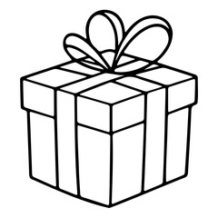 A simple line drawing of a square gift box with a ribbon and bow isolated on a white background design