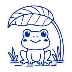 A charming cartoon frog sitting under a leaf with grass in a simple blue line drawing illustration