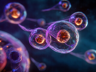 Microscopic view of vibrant and colorful cells in motion.