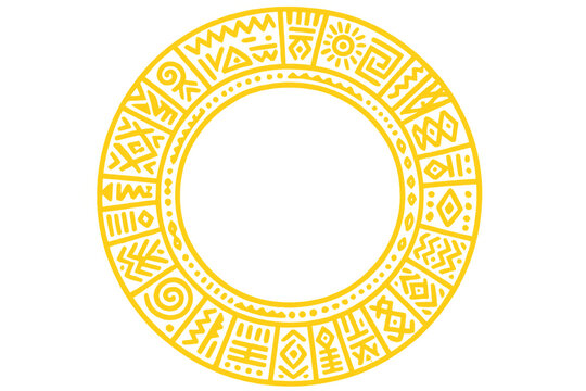 Golden mayan calendar circular frame featuring intricate glyphs representing ancient cultural symbolism, transparent background highlighting architectural heritage