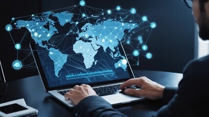Internet network technology, digital software development, future technology background, IoT concept. Man using digital tablet and laptop with global network connection. 4k video - Powered by Adobe