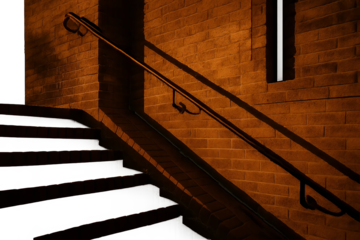 Dark brick stairway with vintage iron handrail and warm artificial lighting