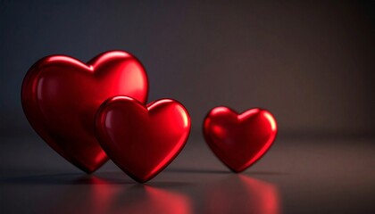 Three red hearts on dark background. Space for text