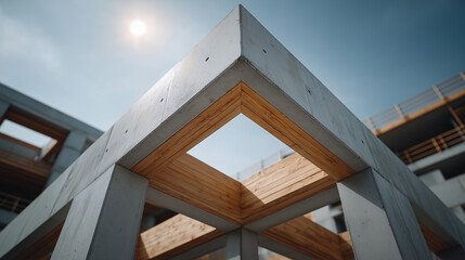 Obraz premium Low angle view of under-construction bridge or flyover, massive concrete structure, deep blue sky, realistic details
