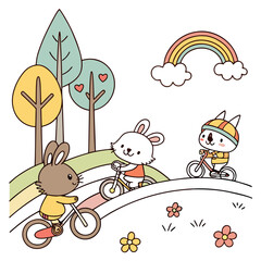 Three rabbits are cycling on a hill isolated on white background