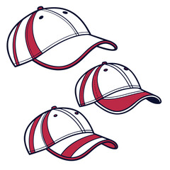 Three white baseball caps with red and navy blue accents on a white background