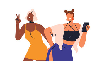 Young women posing with phone. Happy smiling female friends taking selfie photo. Girls besties, sexy sassy girlfriends hangout, fun together. Flat vector illustration isolated on white background