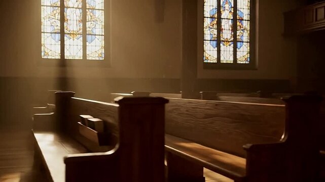 Church interior pews with stained glass windows Sunlight beams