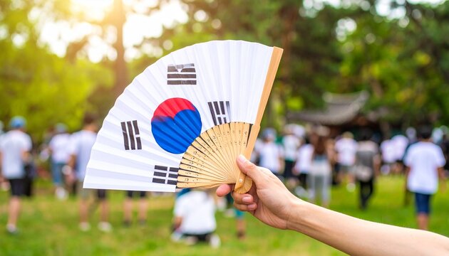 A hand holds a South Korean flag fan aloft during a sunny outdoor gathering in a park.
