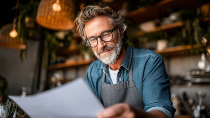 Business owner reviews equipment finance agreement in a cozy, modern cafe setting during daylight hours