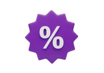 3d icon of 3d purple starburst shape with a percentage symbol, indicating a discount or special offer, isolated on a transparent background
