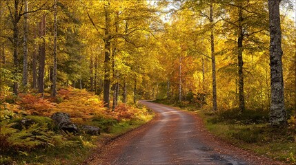 Obraz premium Golden autumn path through a serene Swedish forest with scattered leaves.