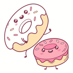 Two cute cartoon donuts with sprinkles isolated on white background