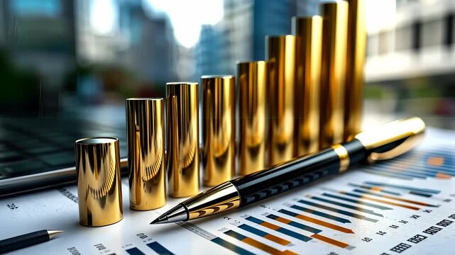 A rising chart, golden columns, and pen resting on financial data. Depicts analysis of market sales, transaction information, and investment strategies