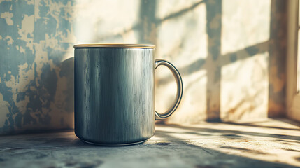Close-up of an old-style thermal mug with a brushed metal texture, placed against a faded wallpaper backdrop, light pouring in from a side window, intentionally uneven composition,