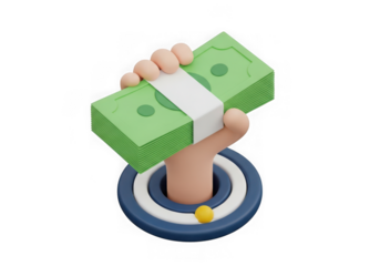 3d icon of a 3d rendered hand emerging from a target, holding a stack of us dollar bills, symbolizing financial goals and success, isolated on white isolated on transparent background