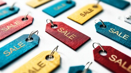 Colorful price tags with the word "SALE" scattered on a white background, flat lay style for e-commerce promotion