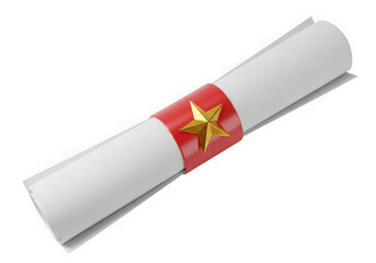3d icon of a rolled up diploma or certificate tied with a red ribbon and a golden star, isolated on transparent background
