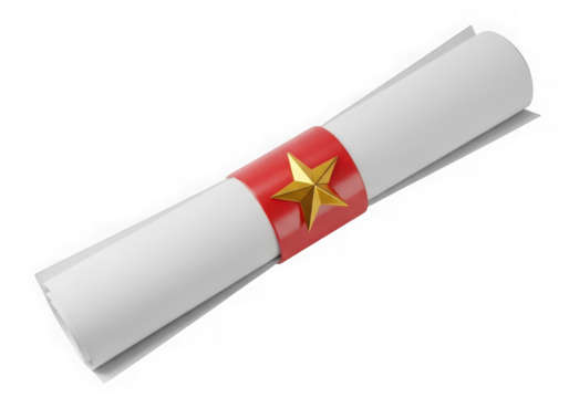 3d icon of a rolled up diploma or certificate tied with a red ribbon and a golden star, isolated on transparent background