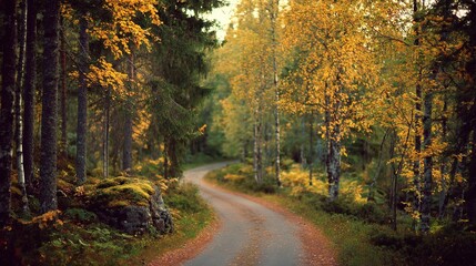 Golden autumn path through a serene Swedish forest with scattered leaves.