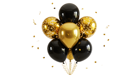 Black and gold balloons with confetti isolated on white background, perfect for elegant celebrations and party decorations