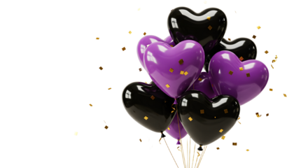 Black and purple heart-shaped balloons with gold confetti floating on strings, perfect for romantic celebrations and themed parties