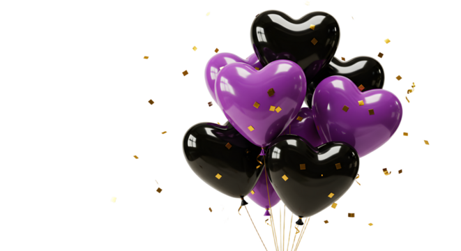 Black and purple heart-shaped balloons with gold confetti floating on strings, perfect for romantic celebrations and themed parties - Powered by Adobe