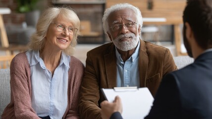 Couple discussing second mortgage options with banker in modern office setting