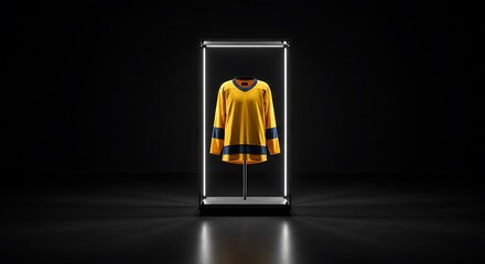 Yellow hockey jersey mockup in a luminous glass showcase. A concept for sports memorabilia.