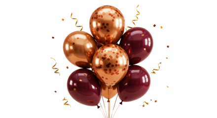 Bouquet of metallic copper and burgundy balloons with confetti and streamers, perfect for celebrations and festive events