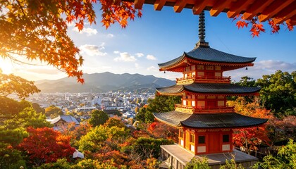 Stunning autumn scene featuring Kiyomizu-dera pagoda overlooking Kyoto cityscape Japan