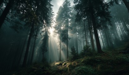 Obraz premium Ethereal misty forest with tall trees and sun rays shining through the fog at sunrise, tranquil nature landscape with soft light and atmospheric mood in the early morning woodland scenery
