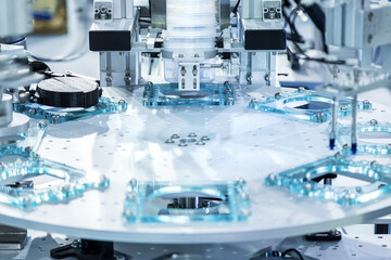 Automatic robot in assembly line working in factory. Smart factory industry 4.0 concept.