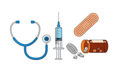 Illustration of a stethoscope syringe bandage and pill bottle on a white background medical supplies