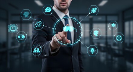 Businessman in suit interacts with a digital interface displaying cloud computing and artificial intelligence related icons.