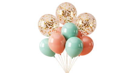 Elegant bouquet of gold confetti and pastel-colored balloons in peach and mint green, perfect for party decorations or celebrations