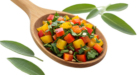 Fresh colorful vegetable salad in wooden spoon with red bell peppers, yellow bell peppers, carrots and greens, healthy nutrition and diet food concept