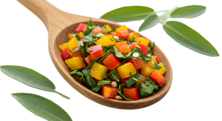 Fresh colorful vegetable salad in wooden spoon with red bell peppers, yellow bell peppers, carrots and greens, healthy nutrition and diet food concept