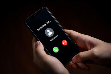 Fraud and Phishing Alert: Unknown Caller Scam Call Warning on Smartphone Display