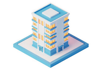 3d icon of modern isometric apartment building with blue and white facade, glowing windows, isolated on transparent background