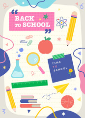 Colorful back to school illustration with school supplies and science elements. Playful education-themed design perfect for banners, posters, and classroom decorations.