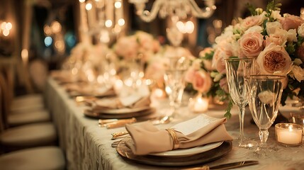 Luxurious wedding table setup with elegant napkins and natural flower centerpiece in soft romantic lighting